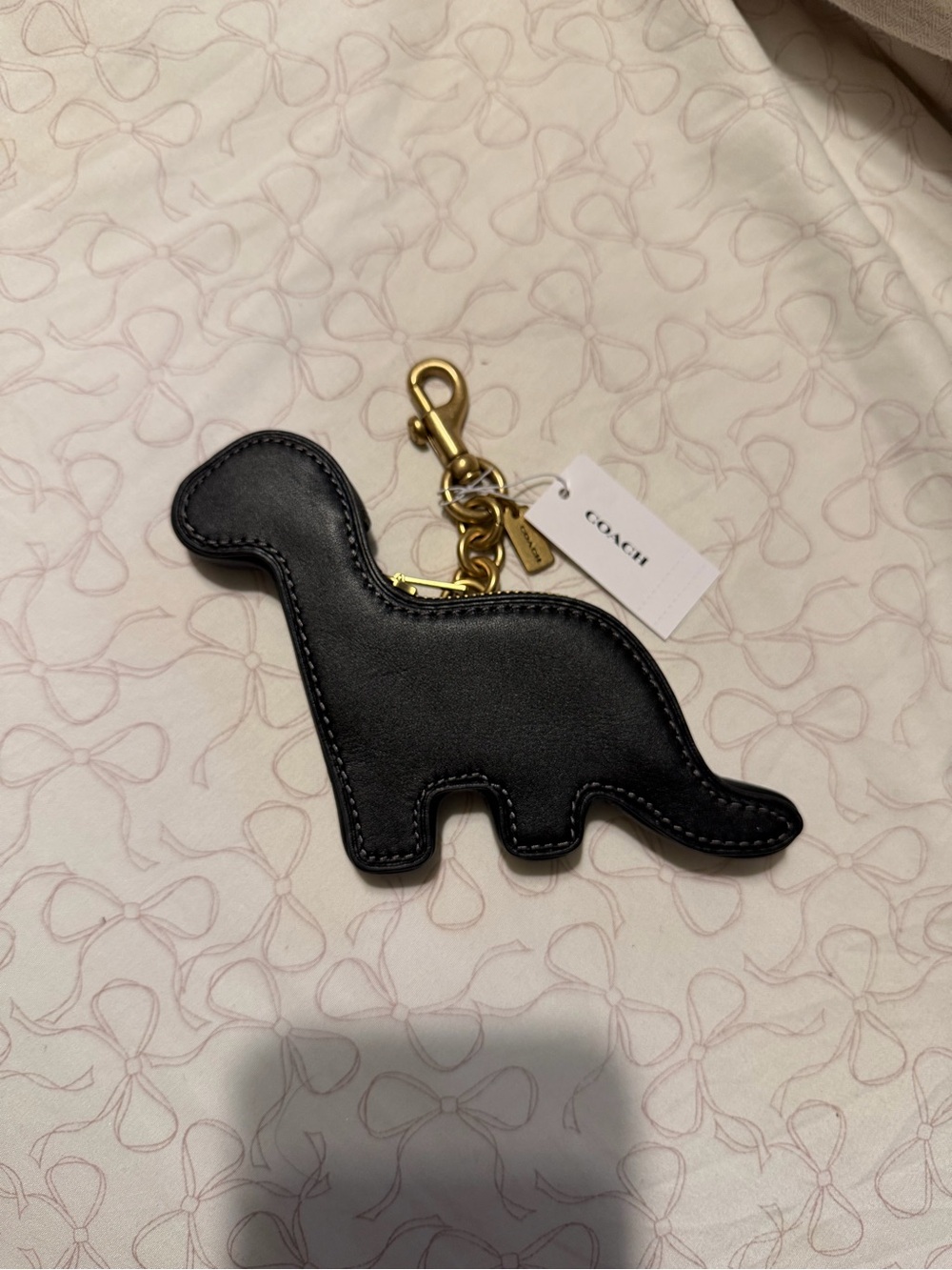 Coach Black Leather Dinosaur Charm Keychain with Gold Hardware